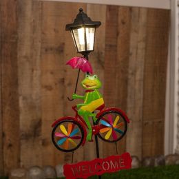 Solar Frog and Flamingo Garden Stake with Windmill Welcome Sign (Pack of 1)