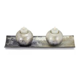 Votive Holder With Tray (Set of 2) 14" x 3.5"H Glass/Ceramic