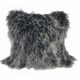 20" Black White Genuine Tibetan Lamb Fur Pillow with Microsuede Backing (Pack of 1)