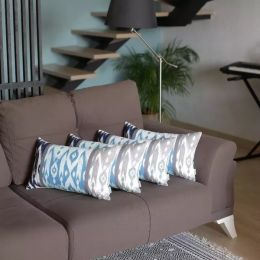 Set of 4 Aqua Blue and Gray Ikat Lumbar Pillow Covers