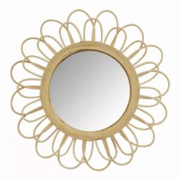 Rattan Flower Petal Design Round Wall Mirror (Pack of 1)