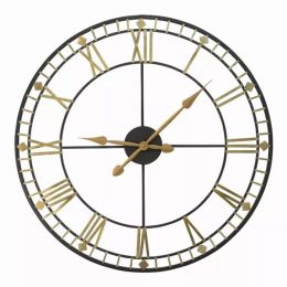 Oversized Vintage Style Metal Wall Clock  Black  Gold Numerals (Pack of 1)