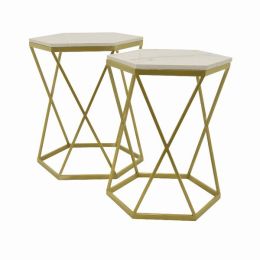 Plutus Brands Metal Marble Plant Stand in Gold Metal Set of 2