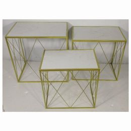 Plutus Brands Marble Top Plant Stand Set 3 in Gold Metal (Pack of 1)