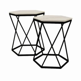 Plutus Brands Metal Marble Plant Stand in Black Metal Set of 2