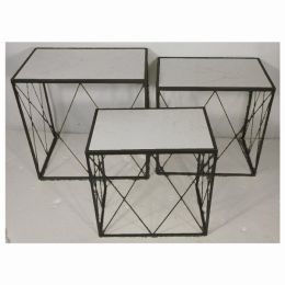 Plutus Brands Marble Top Plant Stand in Black Metal Set of 3