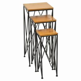 Plutus Brands Meta With Wood Plant Stand in Brown Metal Set of 3