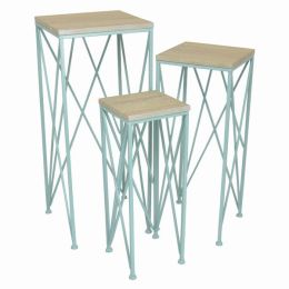 Plutus Brands Metal/wood Plant Stand in Blue Metal Set of 3